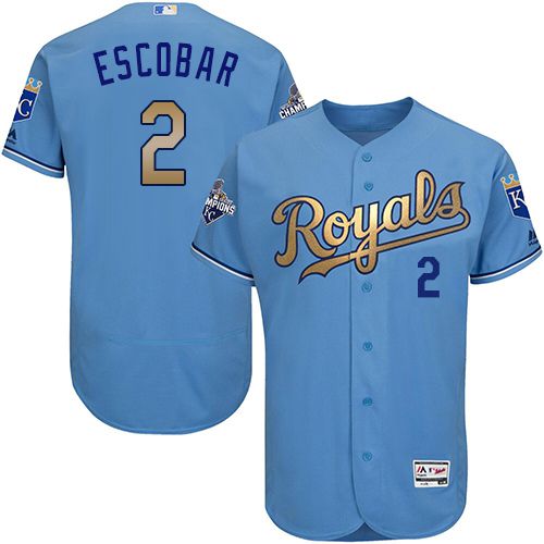 Royals #2 Alcides Escobar Light Blue FlexBase Authentic 2015 World Series Champions Gold Program Stitched MLB Jersey - Click Image to Close